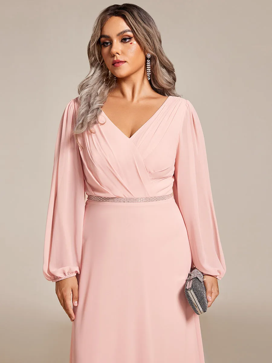 Robe de soirée plissée en mousseline de soie double col en V manches longues ceinture brillante
