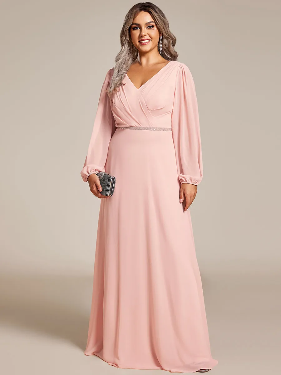 Robe de soirée plissée en mousseline de soie double col en V manches longues ceinture brillante