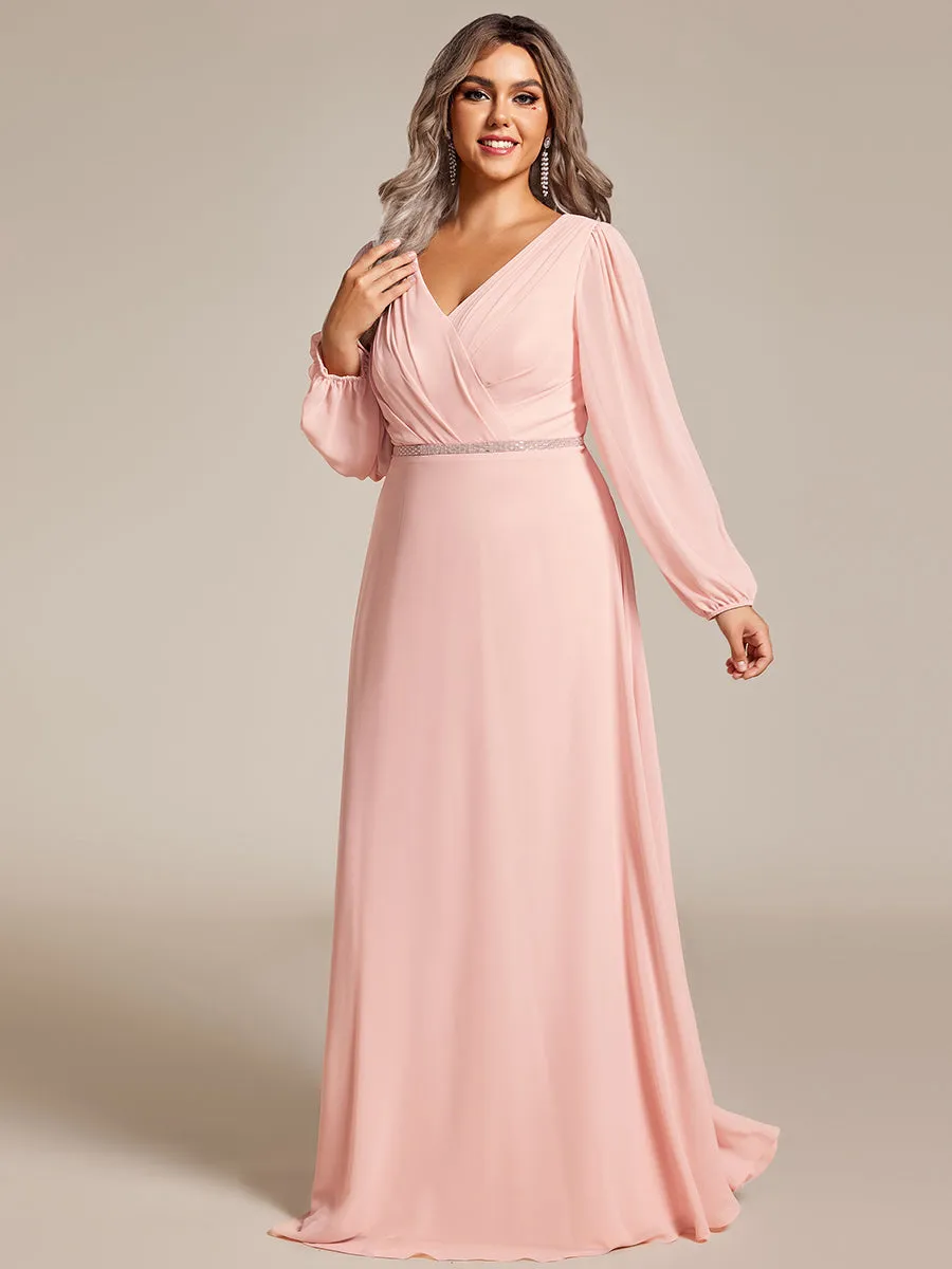 Robe de soirée plissée en mousseline de soie double col en V manches longues ceinture brillante