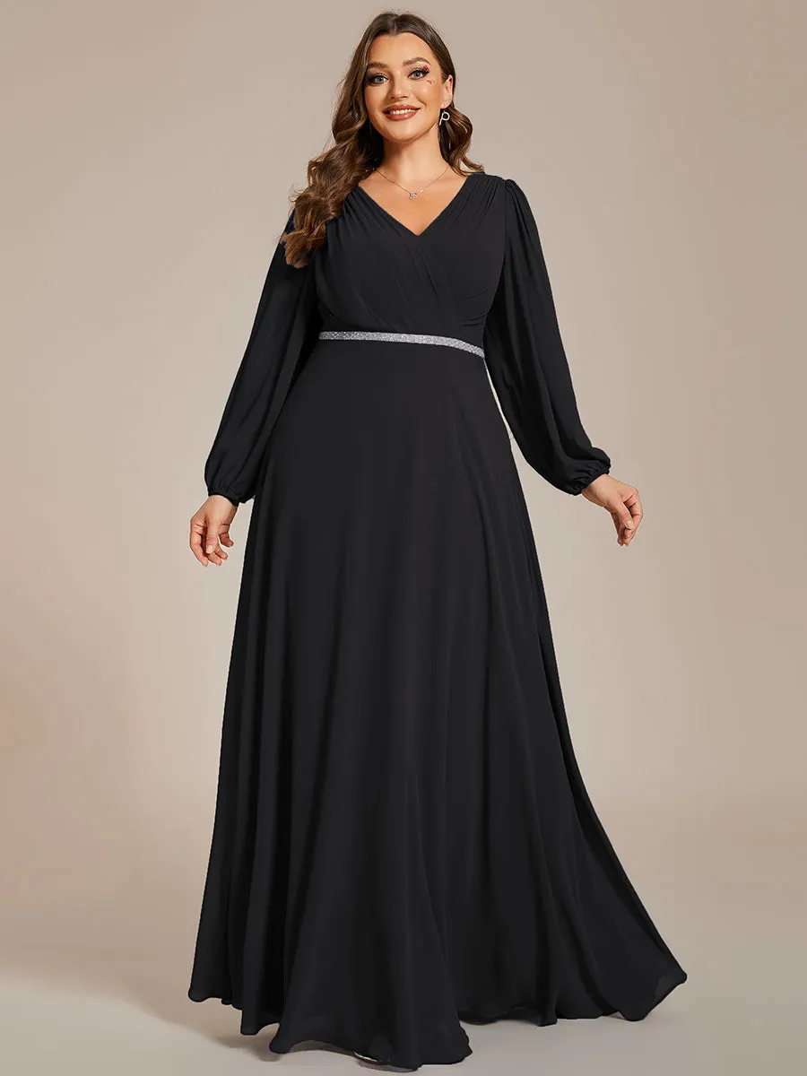 Robe de soirée plissée en mousseline de soie double col en V manches longues ceinture brillante