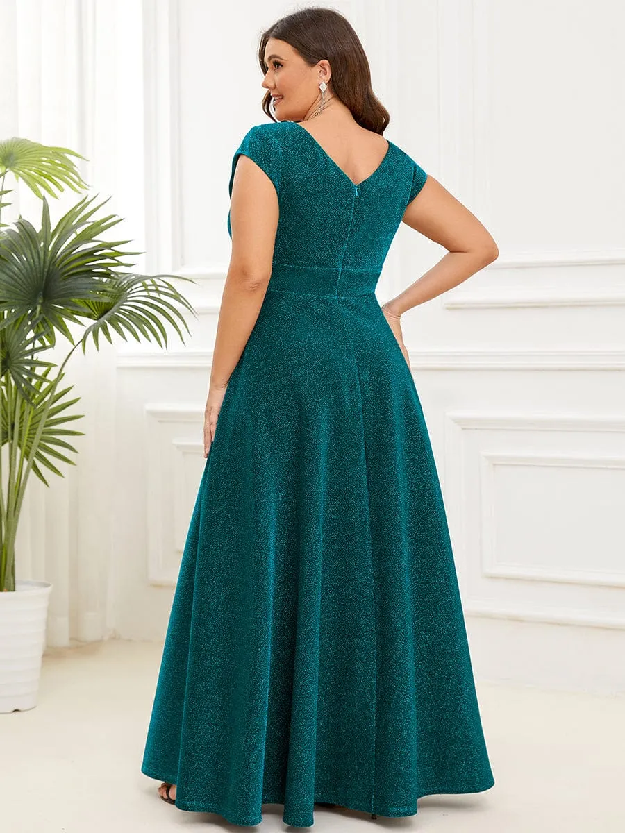 Robe de soirée trapèze plissée à manches courtes et col en V