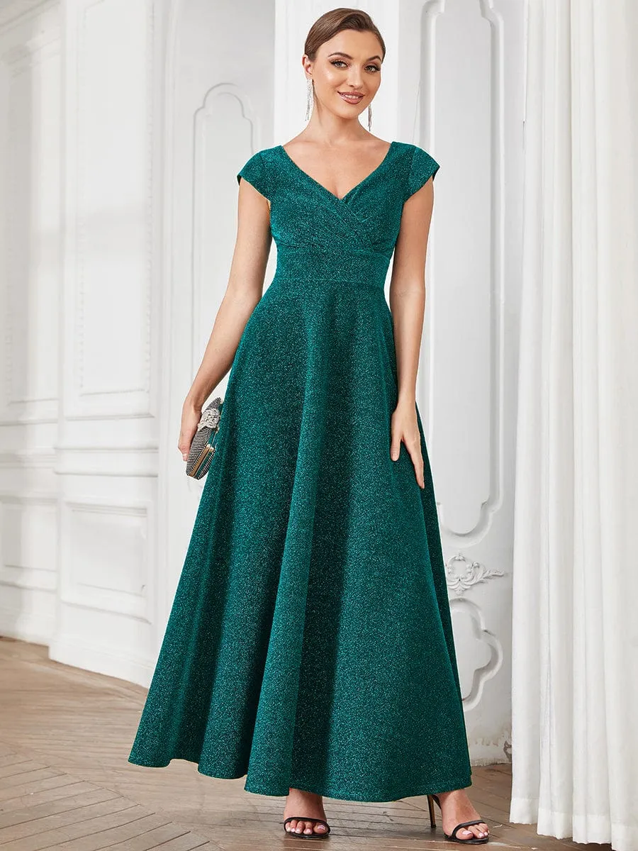 Robe de soirée trapèze plissée à manches courtes et col en V