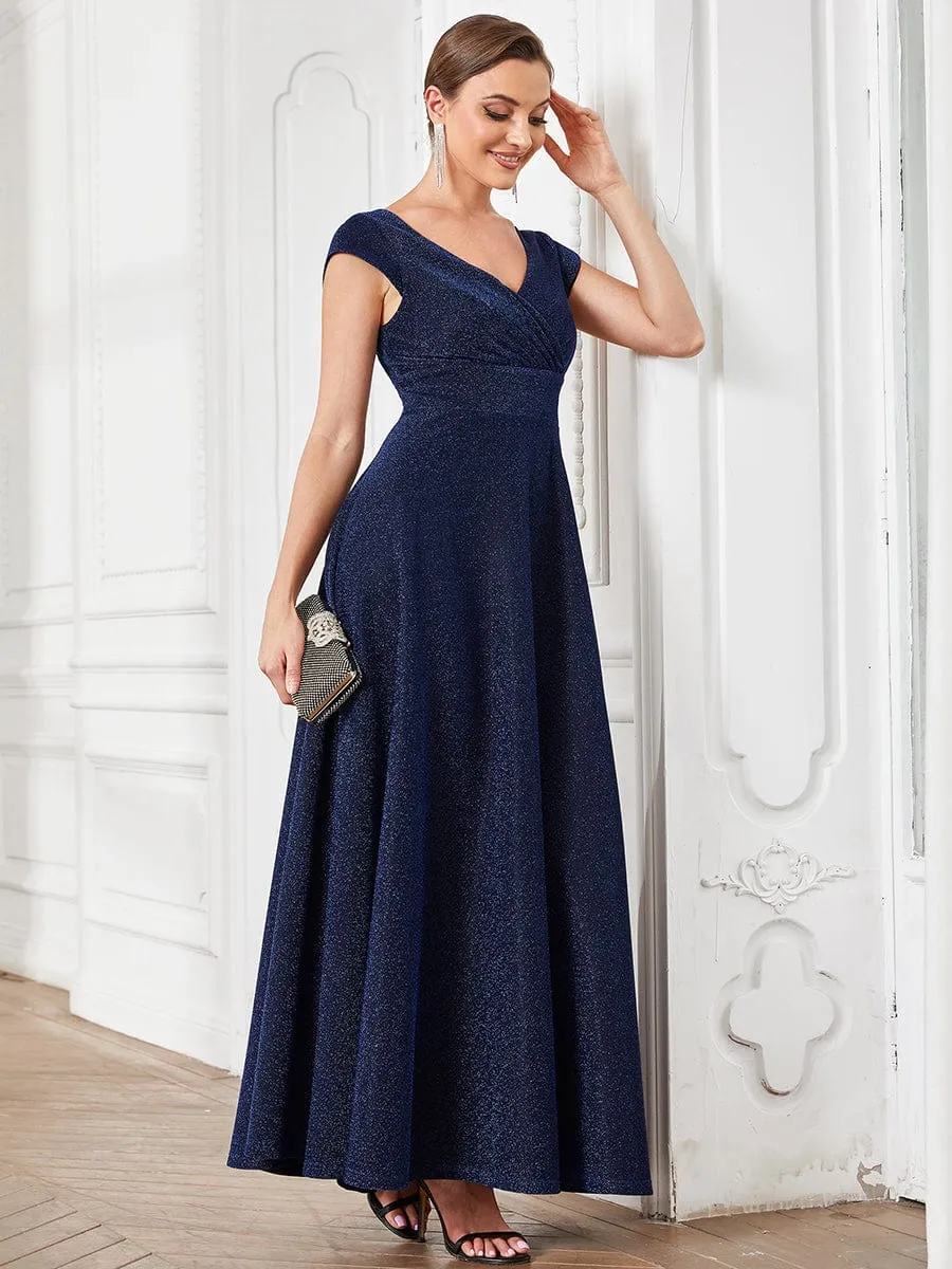 Robe de soirée trapèze plissée à manches courtes et col en V