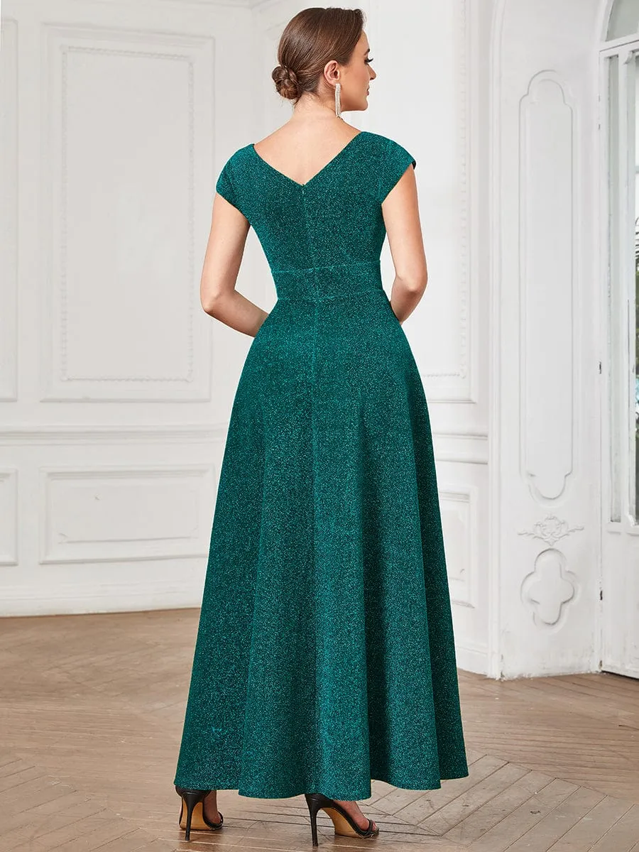 Robe de soirée trapèze plissée à manches courtes et col en V