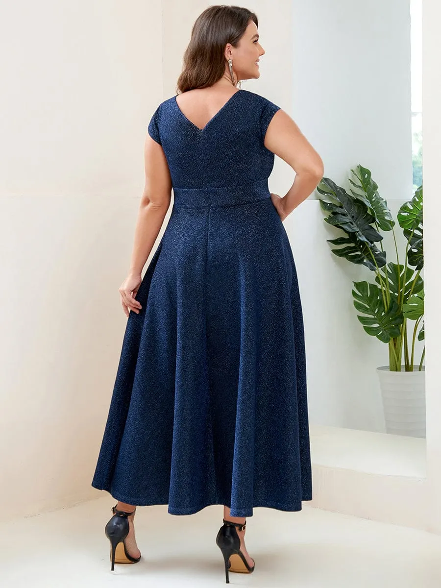 Robe de soirée trapèze plissée à manches courtes et col en V