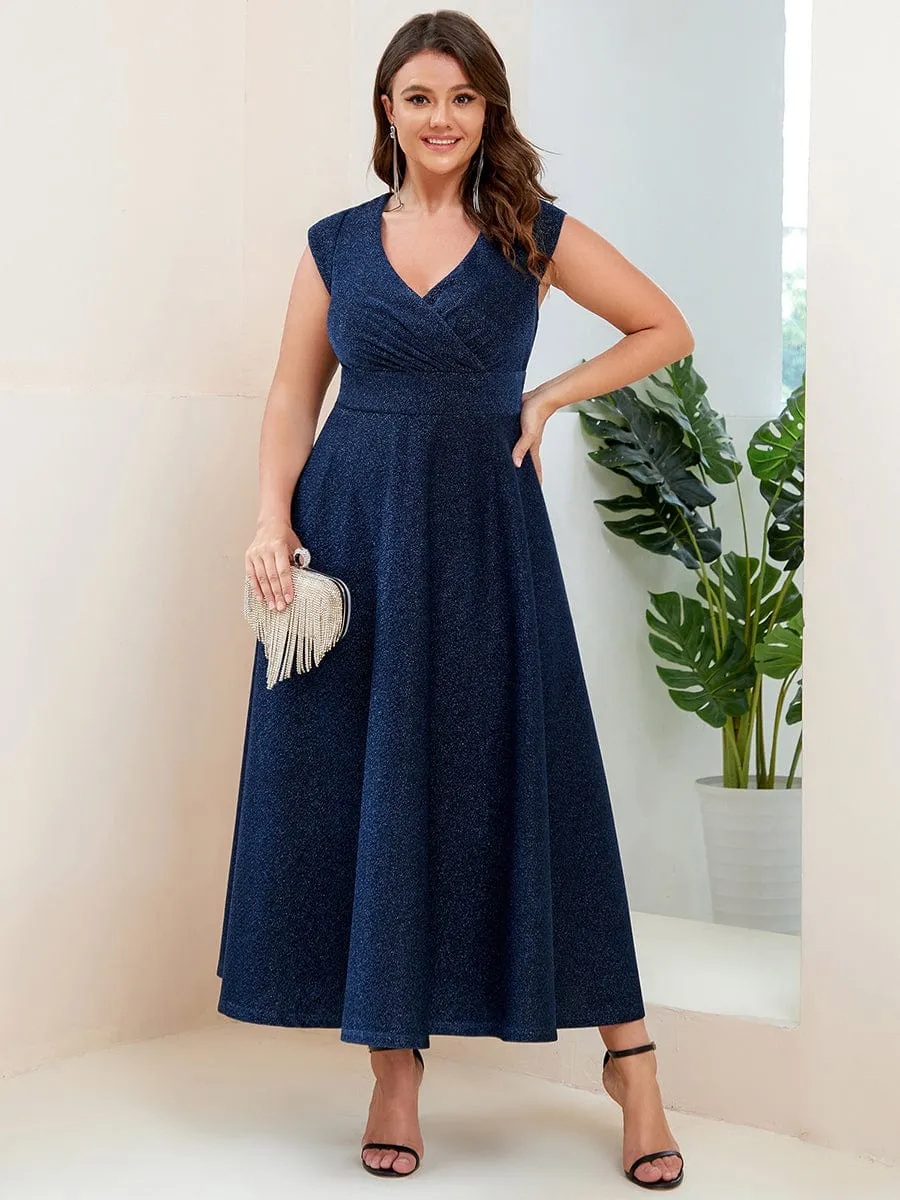 Robe de soirée trapèze plissée à manches courtes et col en V
