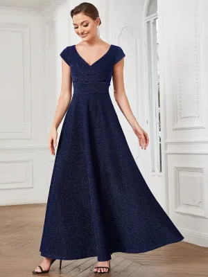 Robe de soirée trapèze plissée à manches courtes et col en V
