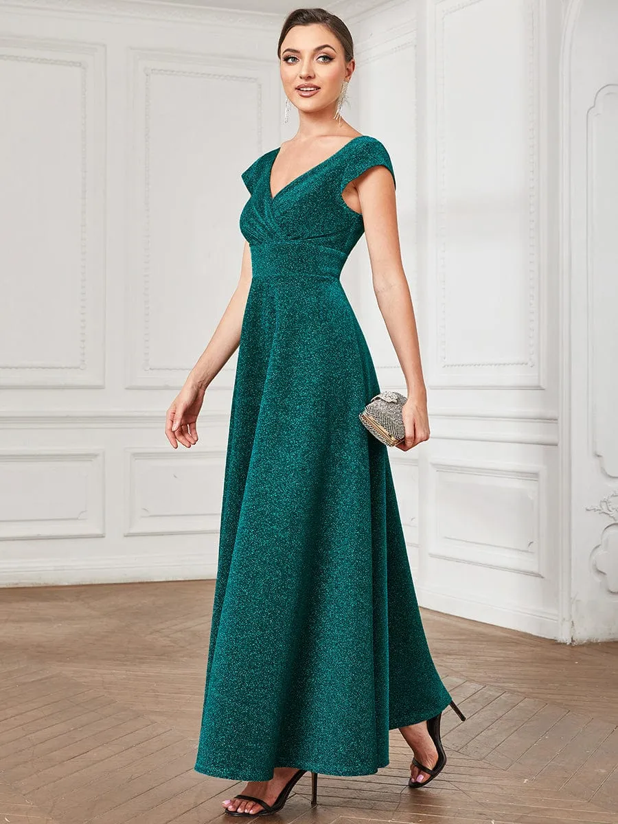 Robe de soirée trapèze plissée à manches courtes et col en V