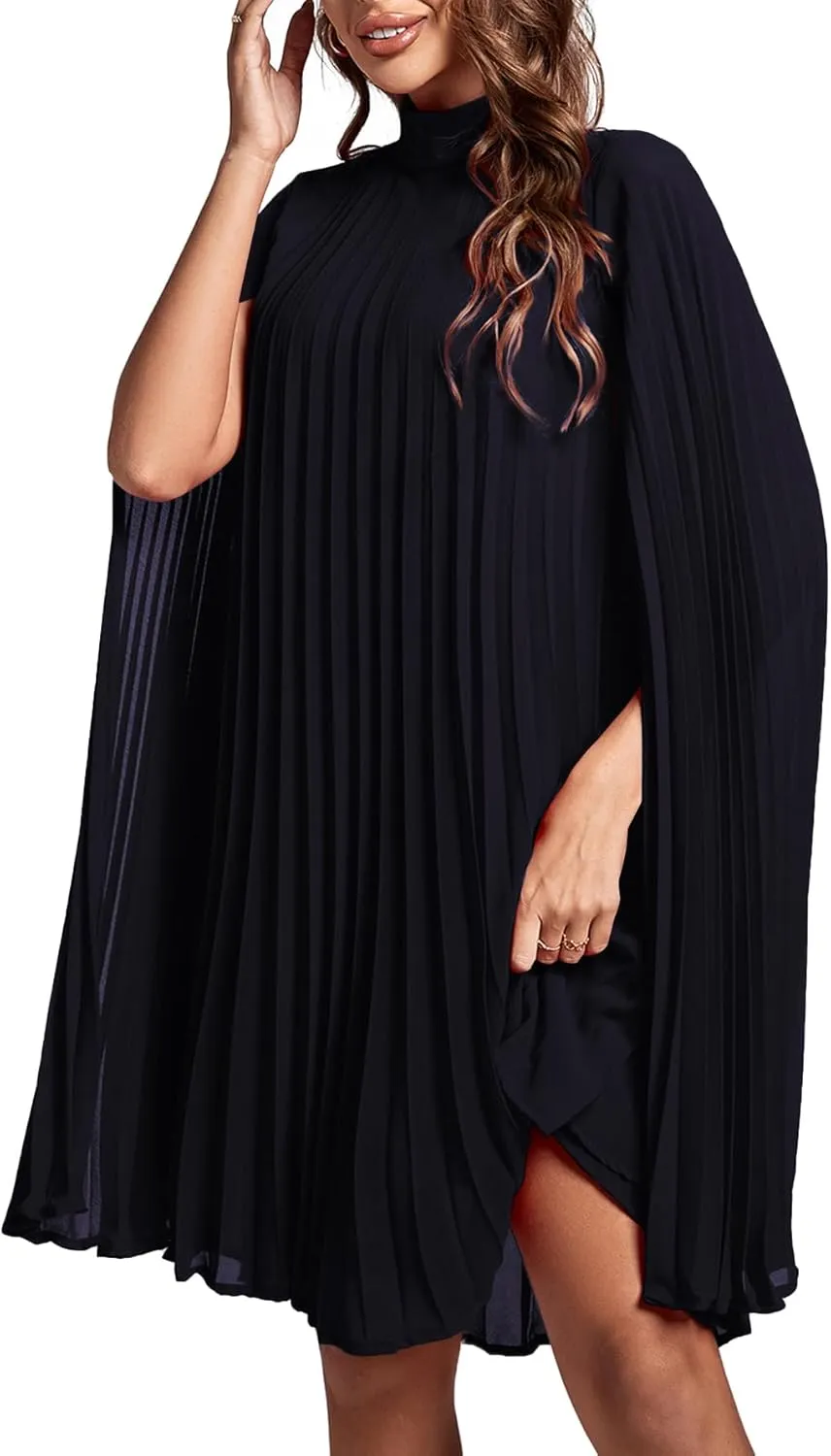 Rooscier Women's Mock Neck Cloak Sleeve Pleated Keyhole Back Flowy Party Midi Dress