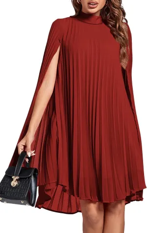 Rooscier Women's Mock Neck Cloak Sleeve Pleated Keyhole Back Flowy Party Midi Dress