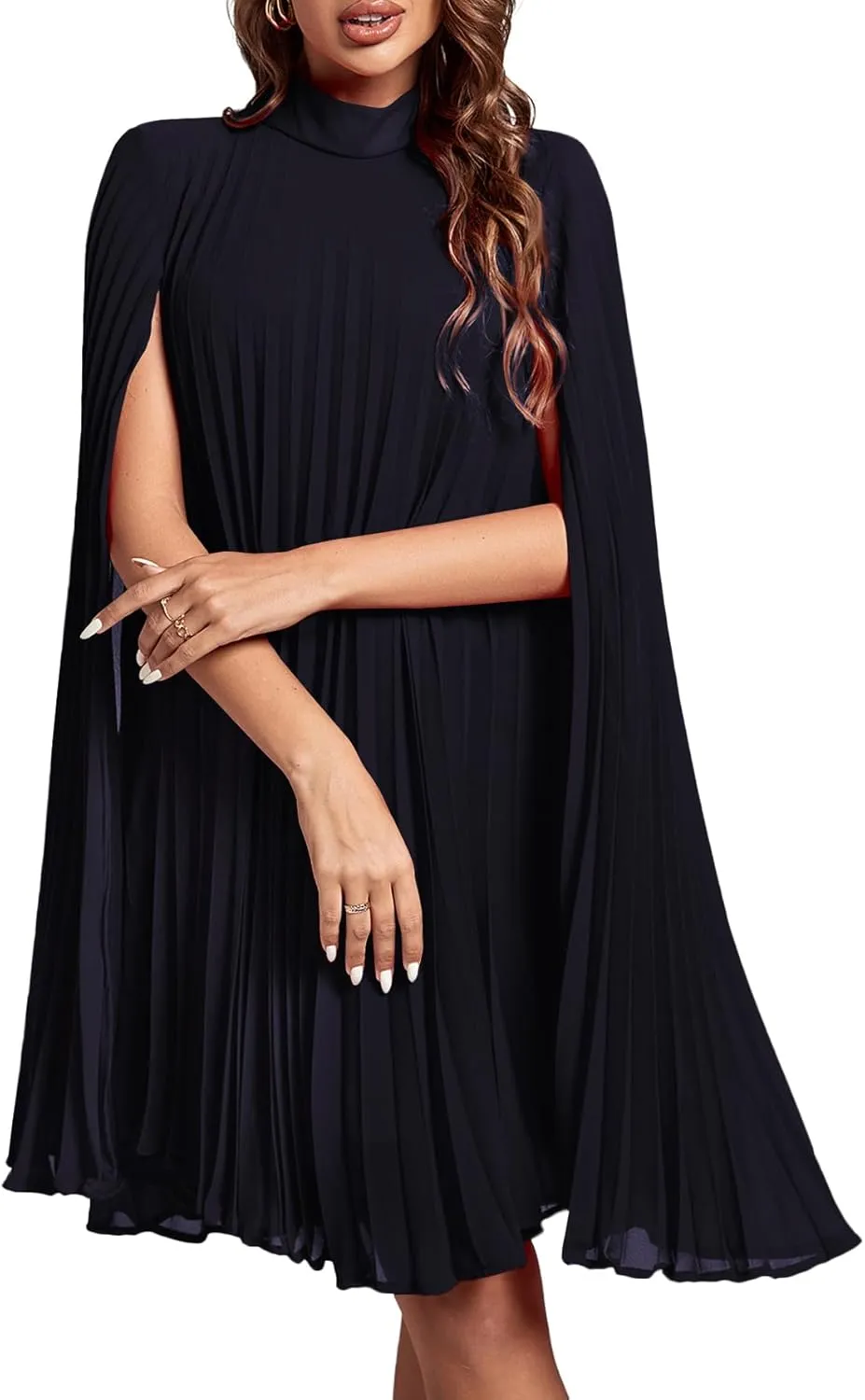 Rooscier Women's Mock Neck Cloak Sleeve Pleated Keyhole Back Flowy Party Midi Dress