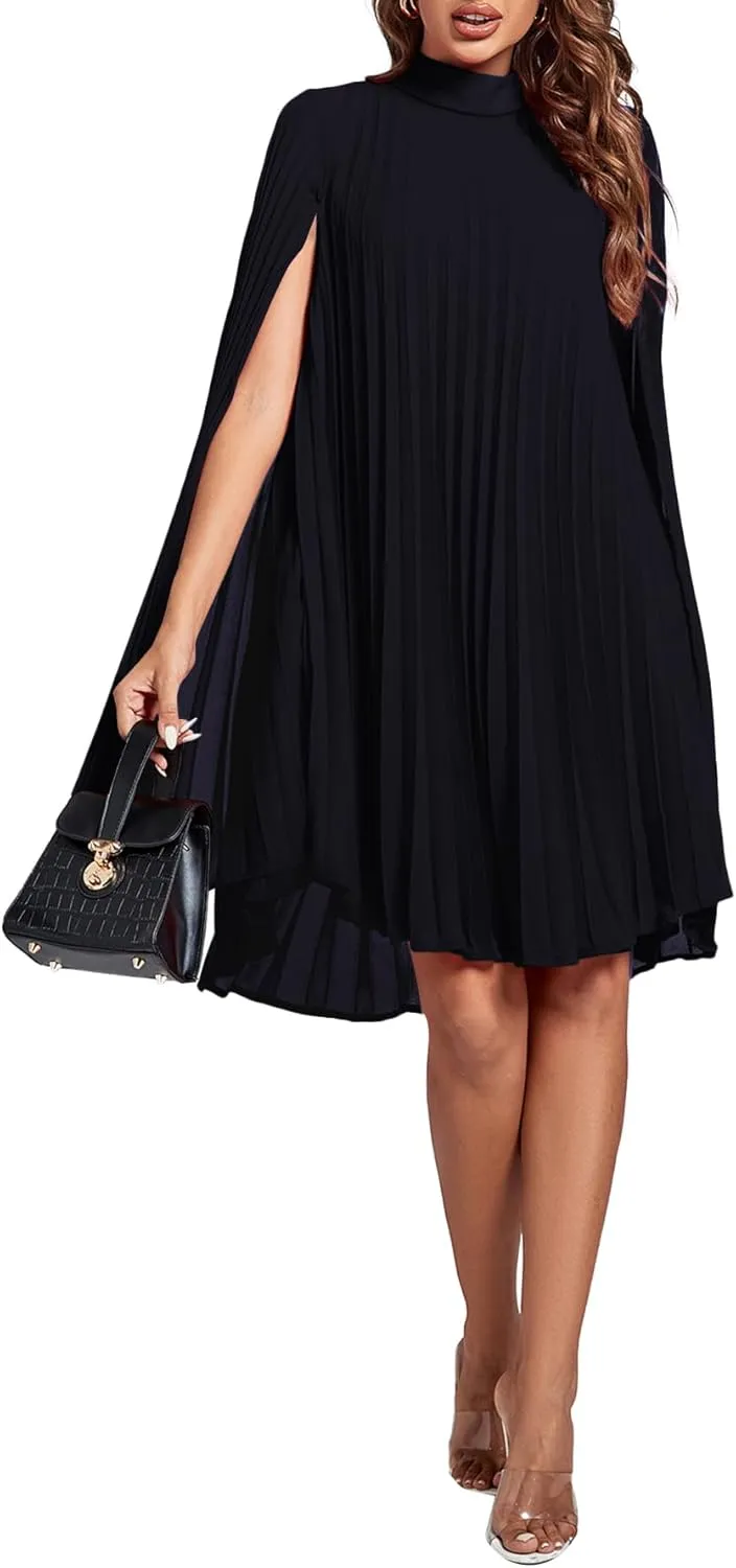 Rooscier Women's Mock Neck Cloak Sleeve Pleated Keyhole Back Flowy Party Midi Dress