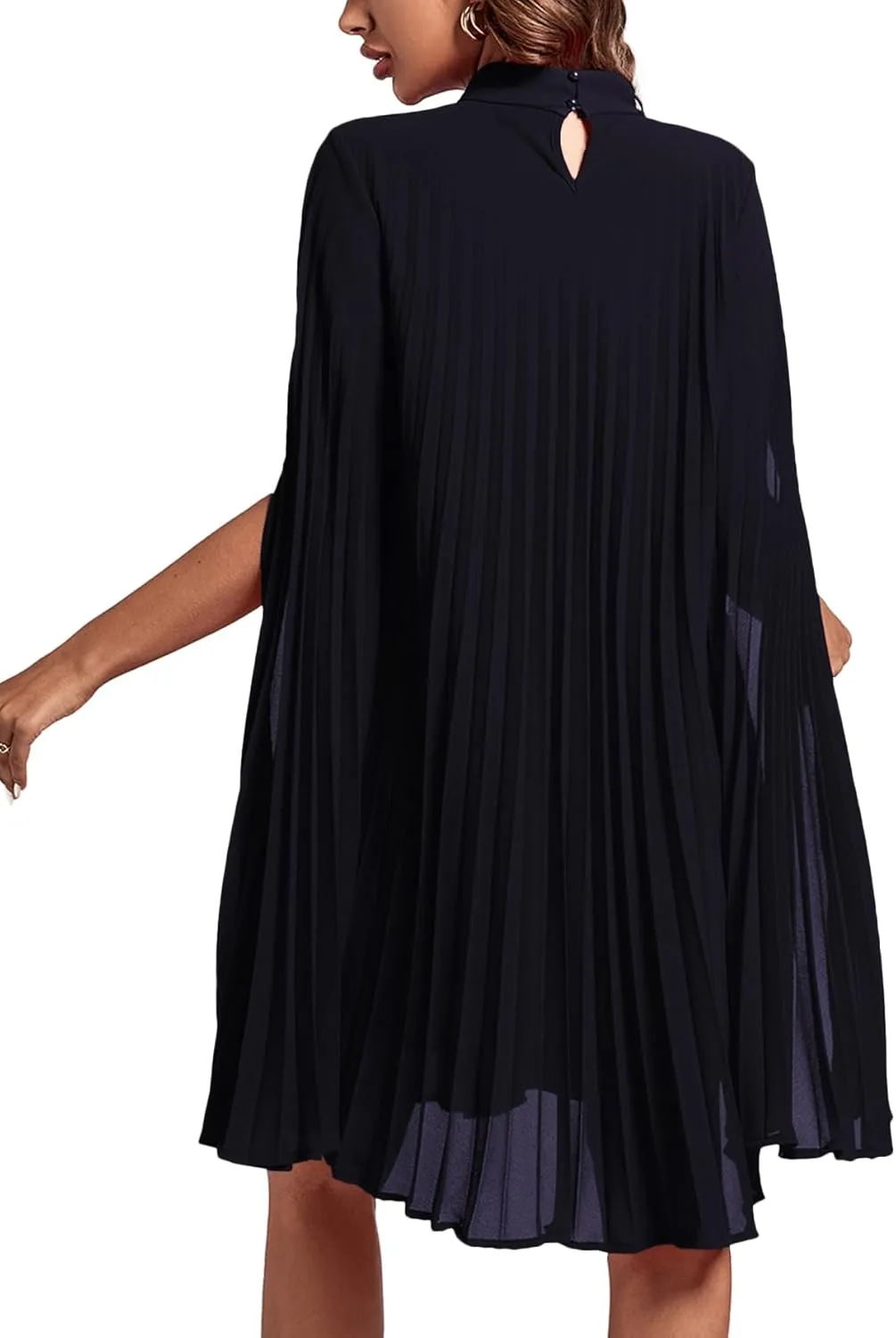 Rooscier Women's Mock Neck Cloak Sleeve Pleated Keyhole Back Flowy Party Midi Dress