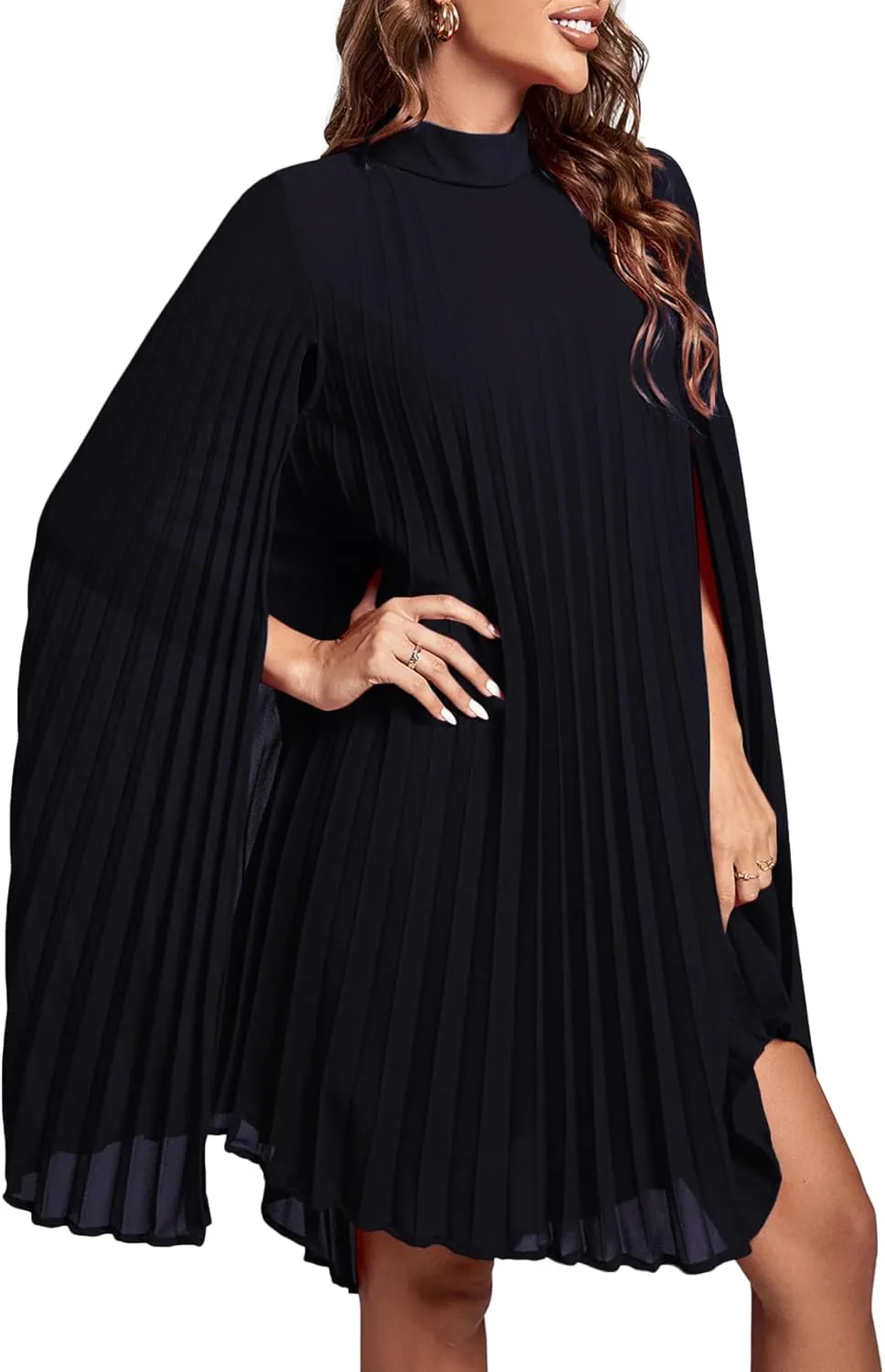 Rooscier Women's Mock Neck Cloak Sleeve Pleated Keyhole Back Flowy Party Midi Dress