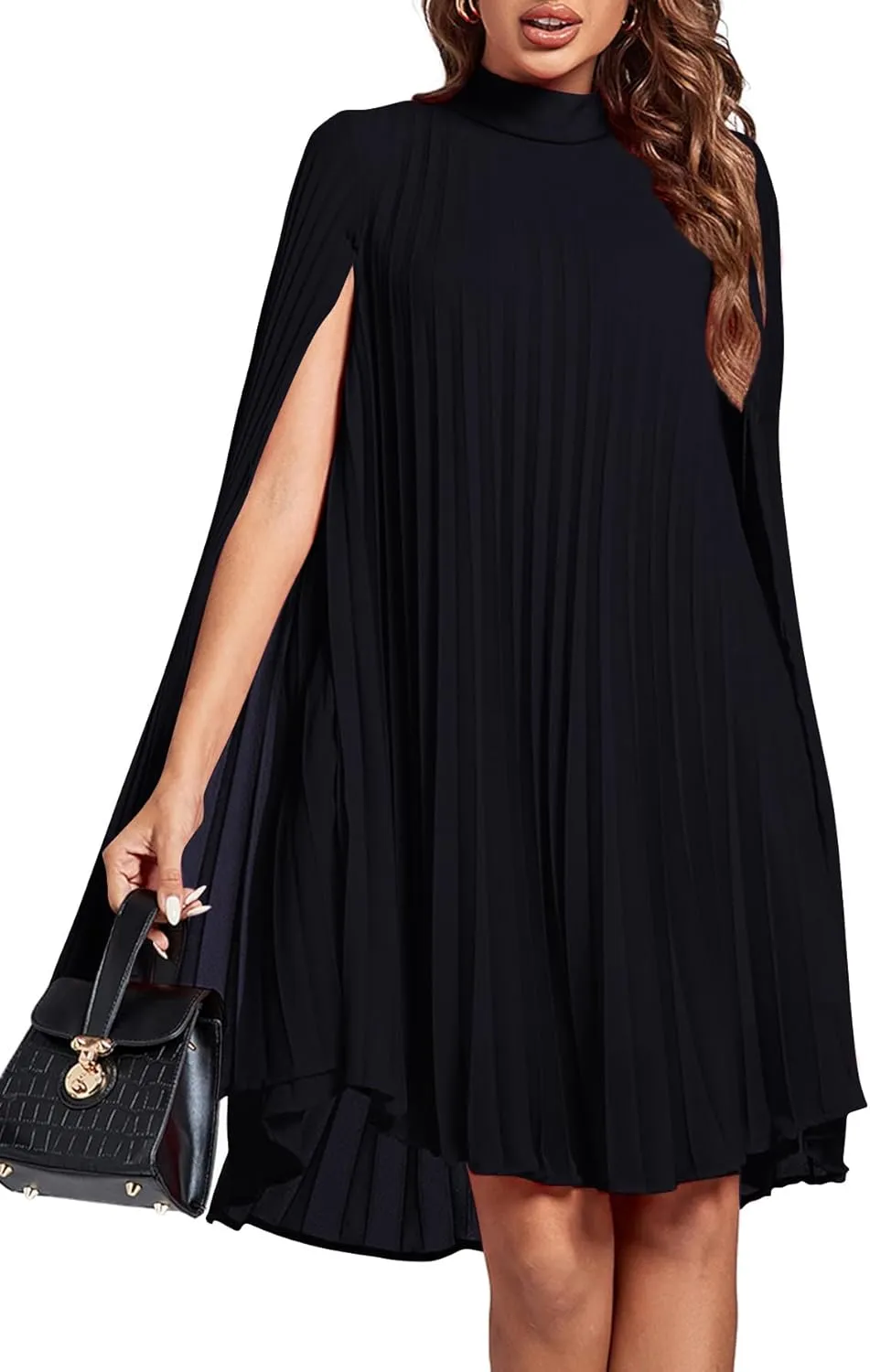 Rooscier Women's Mock Neck Cloak Sleeve Pleated Keyhole Back Flowy Party Midi Dress