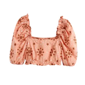 RUFFLED CROPPED TOP WITH PUFF SLEEVES