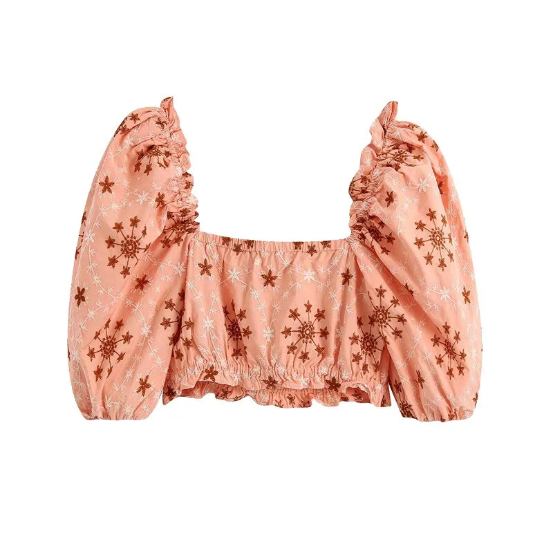 RUFFLED CROPPED TOP WITH PUFF SLEEVES