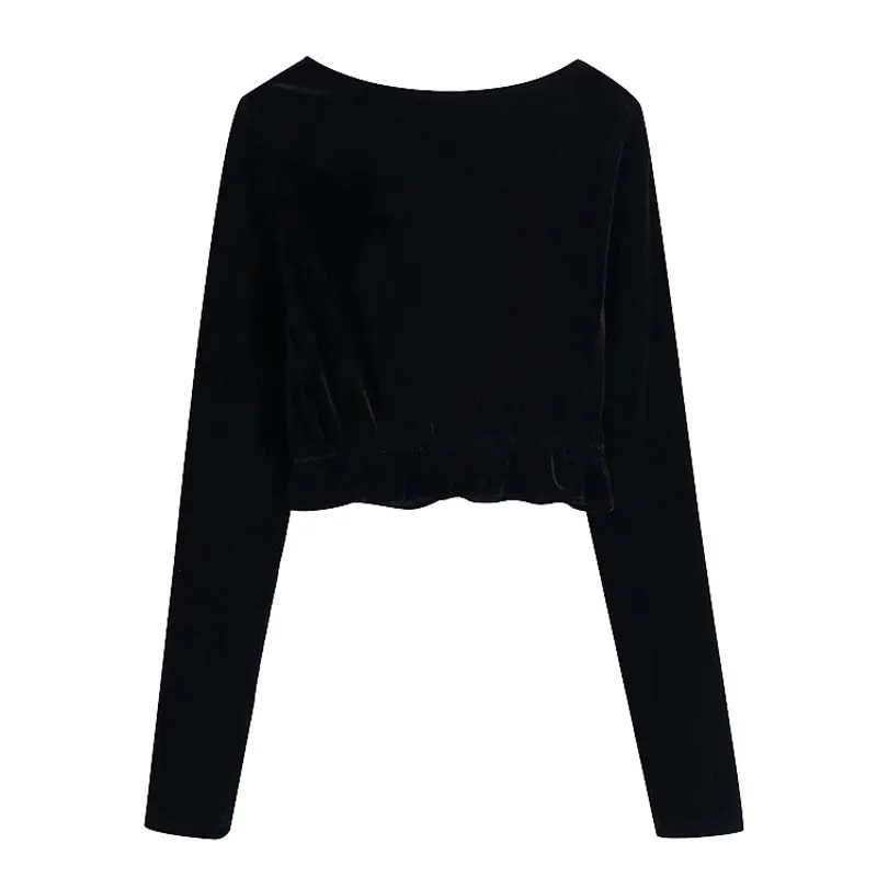 RUFFLED CROPPED VELVET BLOUSE
