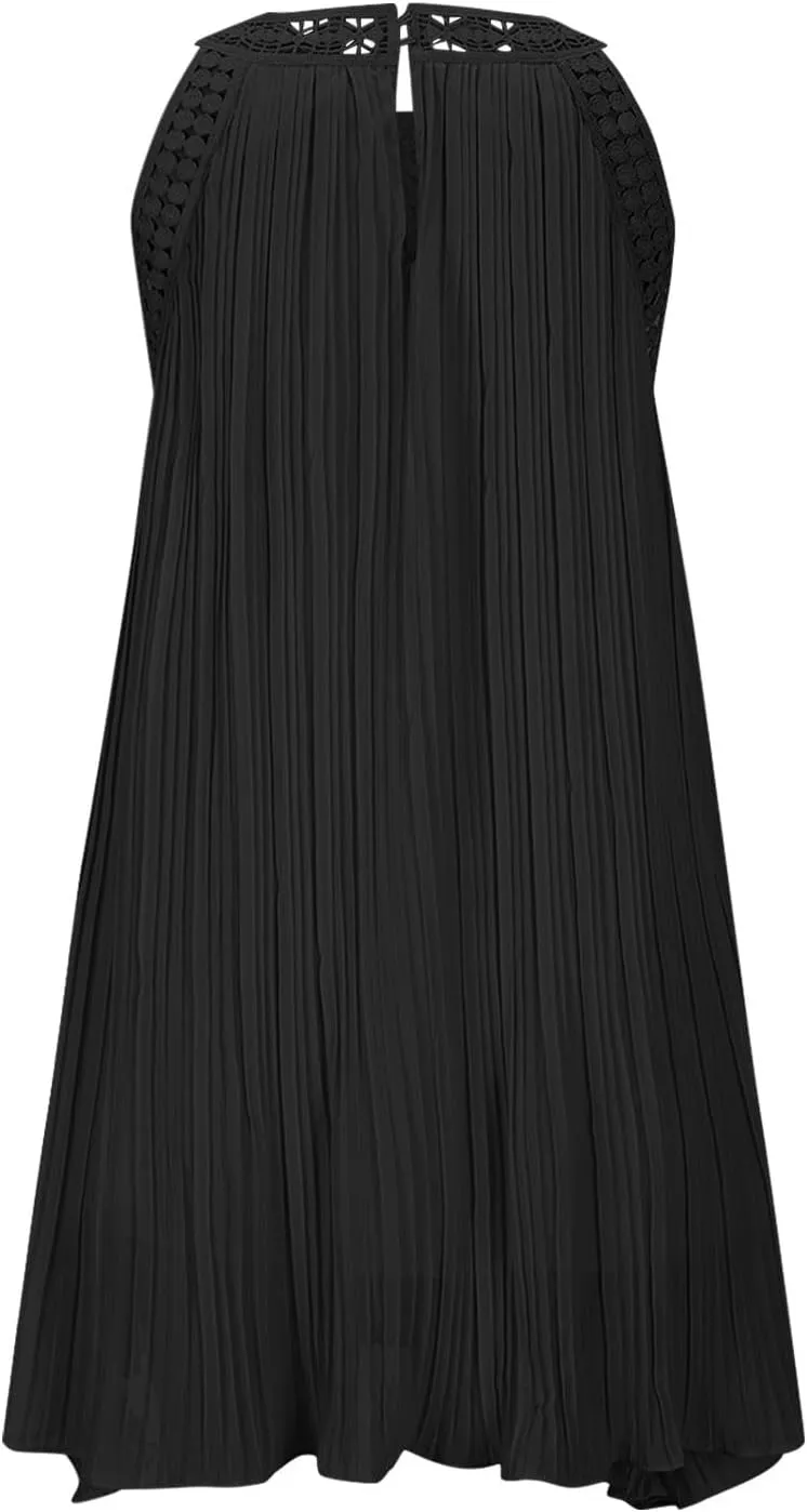 Short Dresses for Women Summer Lace Patchwork Sleeveless Pleated Mini Dress Casual Loose Fit Beach Vacation Sundress