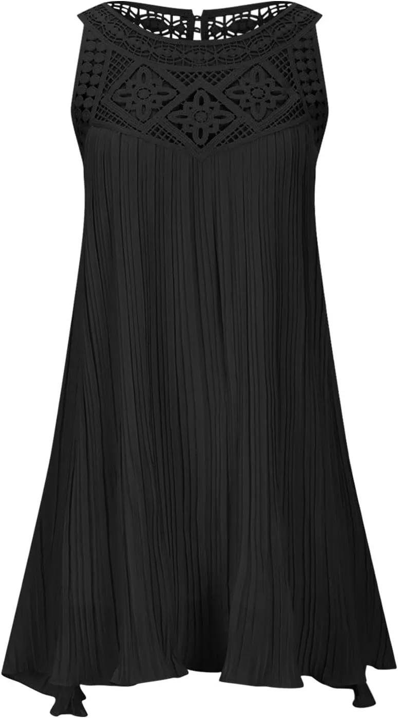 Short Dresses for Women Summer Lace Patchwork Sleeveless Pleated Mini Dress Casual Loose Fit Beach Vacation Sundress