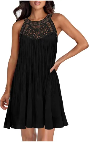Short Dresses for Women Summer Lace Patchwork Sleeveless Pleated Mini Dress Casual Loose Fit Beach Vacation Sundress