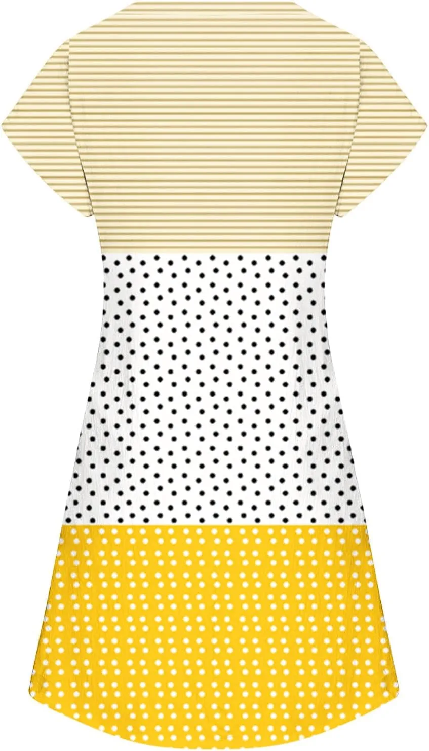 Short Sleeve Dress for Women Summer V Neck Midi Dress Loose Patchwork Dress Casual Spring Wedding Guest Dresses
