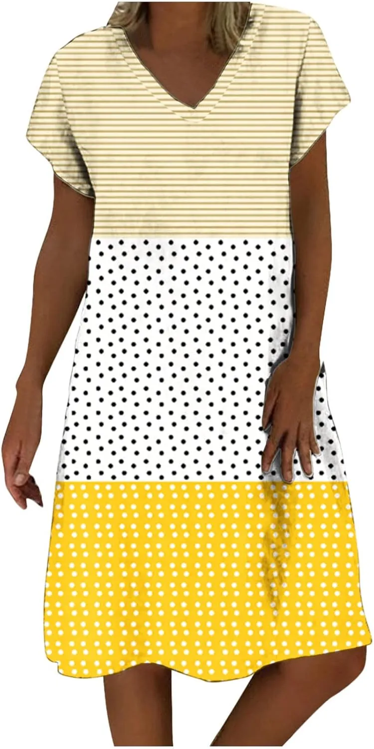 Short Sleeve Dress for Women Summer V Neck Midi Dress Loose Patchwork Dress Casual Spring Wedding Guest Dresses
