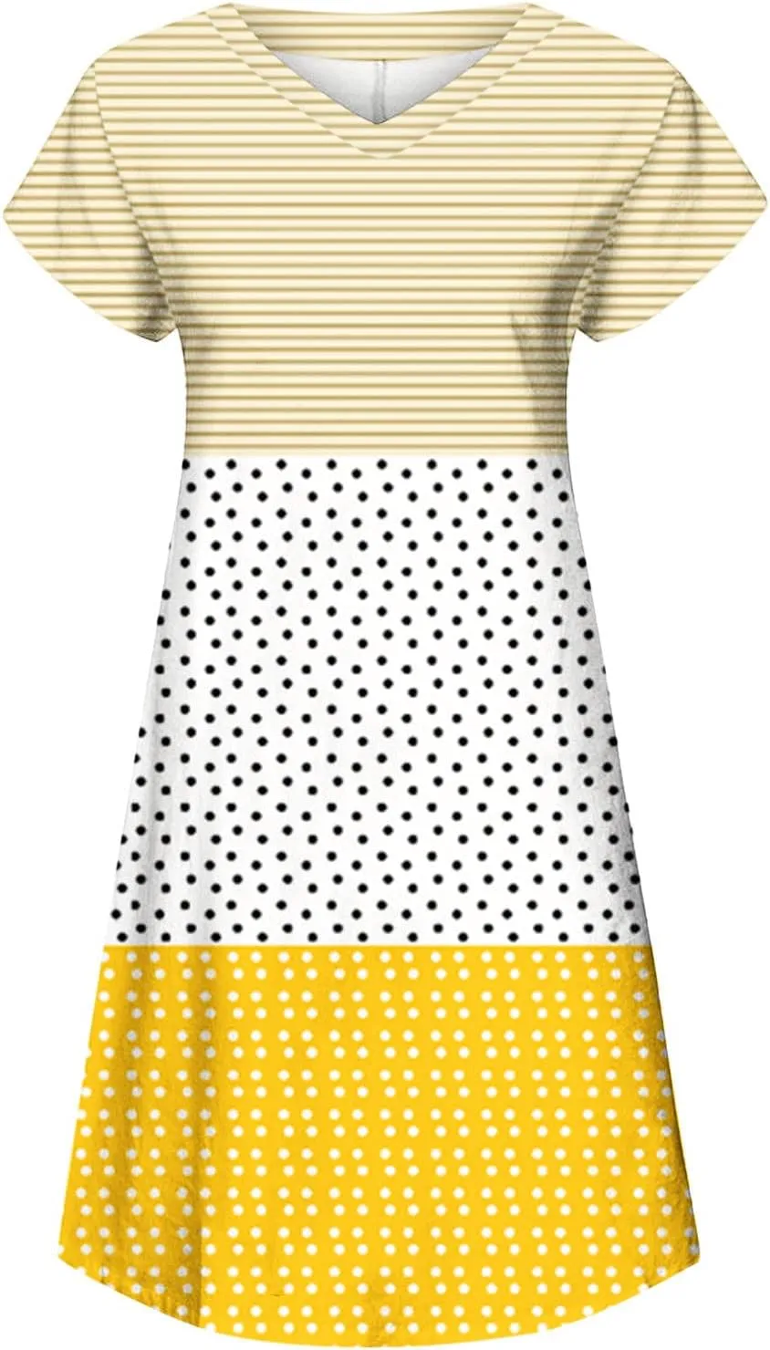 Short Sleeve Dress for Women Summer V Neck Midi Dress Loose Patchwork Dress Casual Spring Wedding Guest Dresses