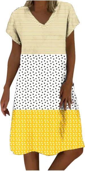 Short Sleeve Dress for Women Summer V Neck Midi Dress Loose Patchwork Dress Casual Spring Wedding Guest Dresses