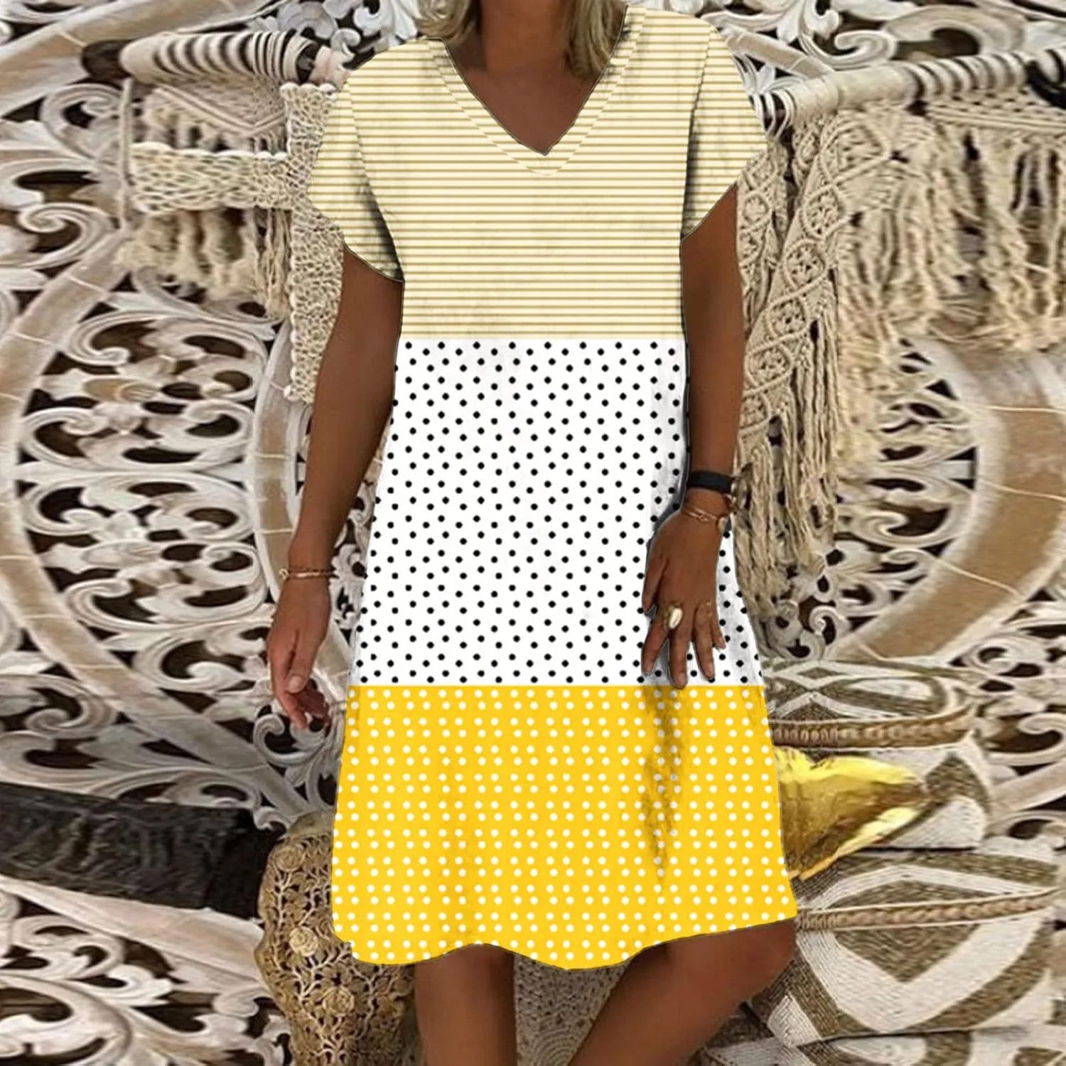 Short Sleeve Dress for Women Summer V Neck Midi Dress Loose Patchwork Dress Casual Spring Wedding Guest Dresses