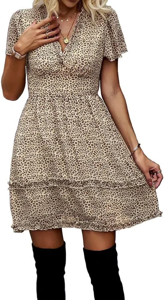 Sister Amy Women's 2023 Spring Summer Deep V Neck Ruffle Long Sleeve Floral Print Mini Dress