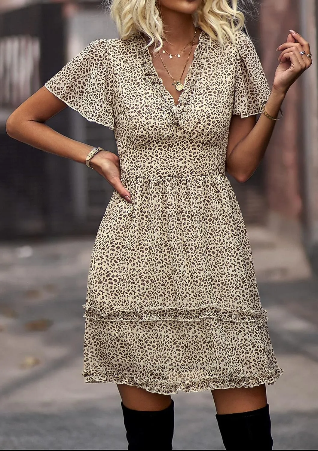 Sister Amy Women's 2023 Spring Summer Deep V Neck Ruffle Long Sleeve Floral Print Mini Dress