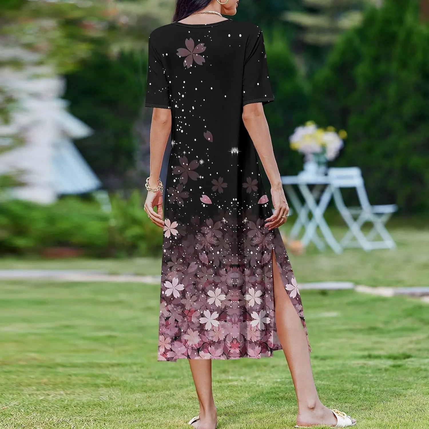 Summer Dress Short Sleeve Casual Tunic Maxi Dresses Woman Vacation Beach Split Dress for Women with Pockets