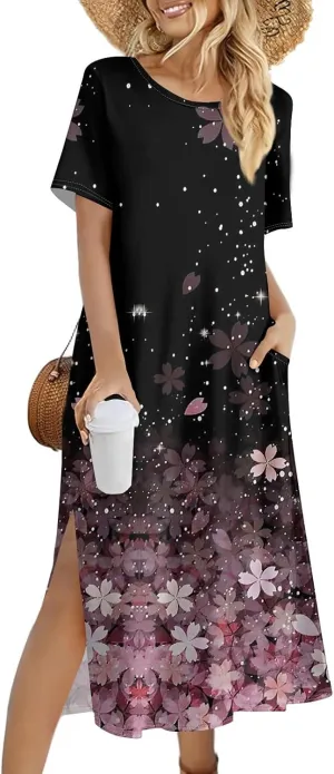Summer Dress Short Sleeve Casual Tunic Maxi Dresses Woman Vacation Beach Split Dress for Women with Pockets
