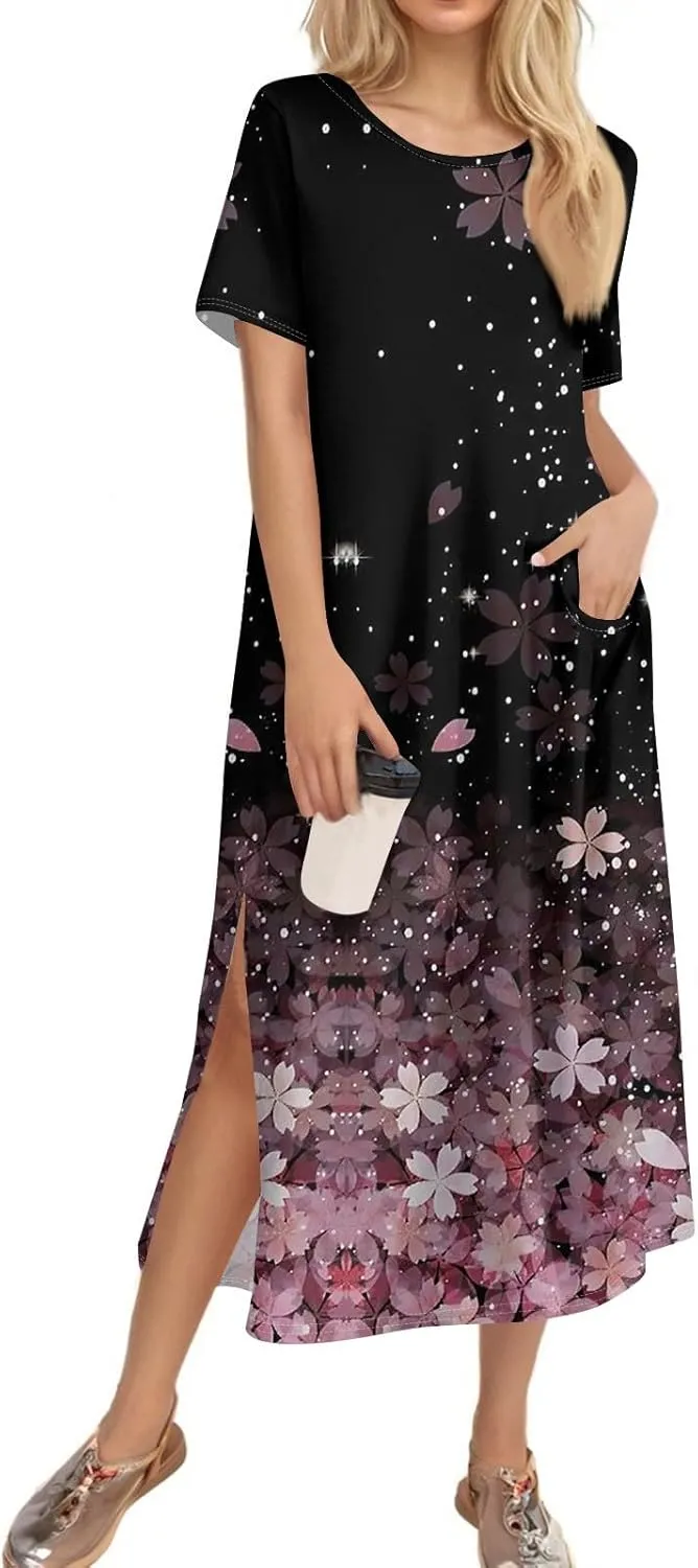 Summer Dress Short Sleeve Casual Tunic Maxi Dresses Woman Vacation Beach Split Dress for Women with Pockets