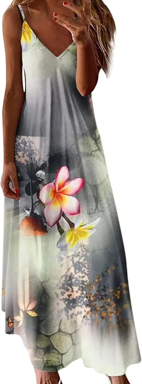 Summer Dresses for Women 2023 Trendy Casual Boho Plus Size Dress Floral Printed V Neck Spaghetti Strap Flowy Long Maxi Sundress Hawaiian Beach Clothes Sun Dress Dresses for Weddings as a Guest