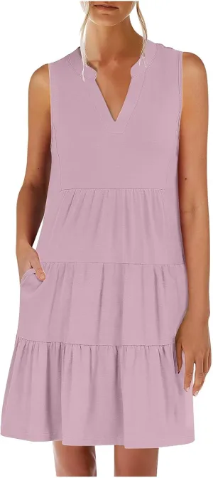 Summer Dresses for Women 2025 Casual Sleeveless Beach Dress Fashion Pleated Loose V-Neck Solid Color Sundress