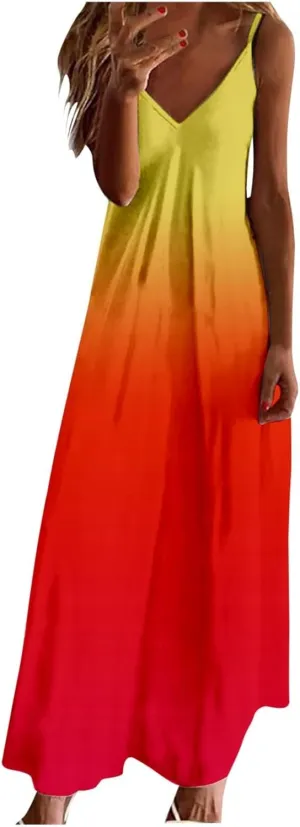 Sundresses for Women Womens Spring Dresses V Neck Summer Flowy Maxi Dress Elegant Casual Sleeveless Beach Sun Dress