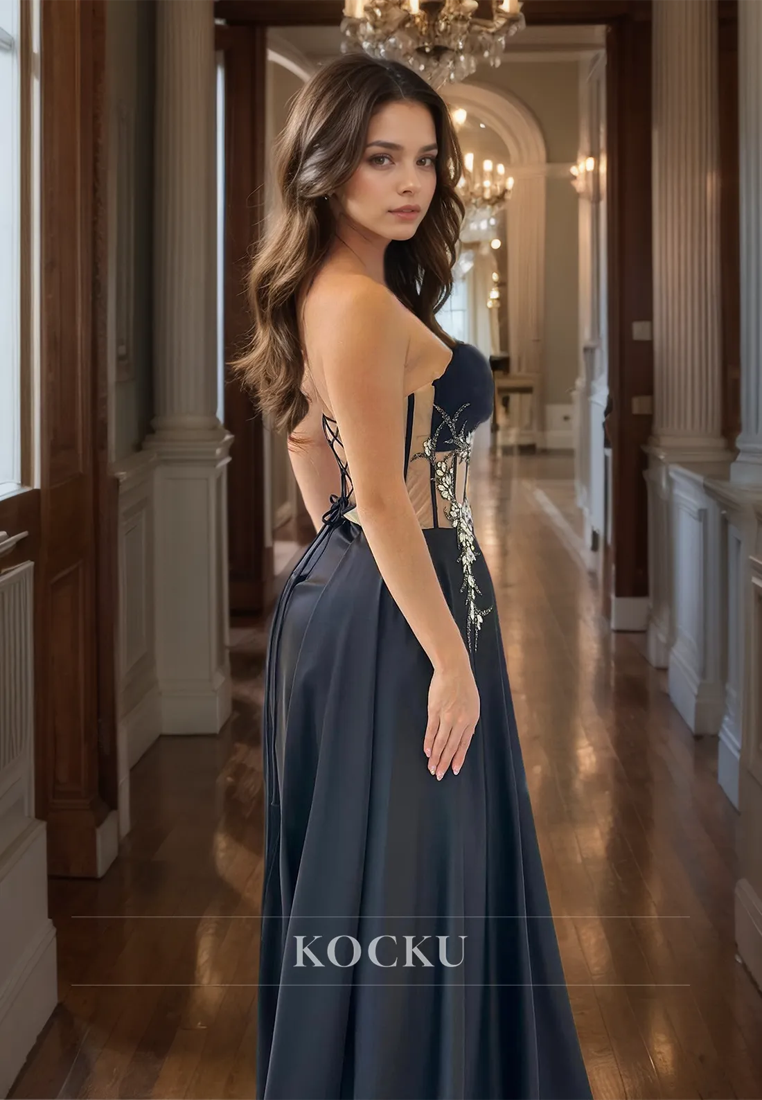 Sweetheart Sleeveless Sheath Prom Dress High Split Sweep Train Pleated Satin Party Dress with Beads