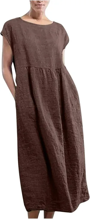 TANGNADE Womens Cotton Linen Maxi Dress Summer Solid Color Short Sleeve Crew Neck Dresses Plus Size Flowy Beach Dress