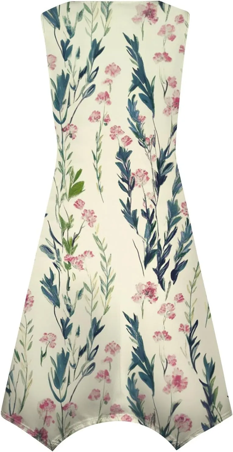 Tank Dress for Women Summer Midi Sleeveless Irregular Hem Midi Dress U-Neck Semi Formal Dresses A Line with Pockets