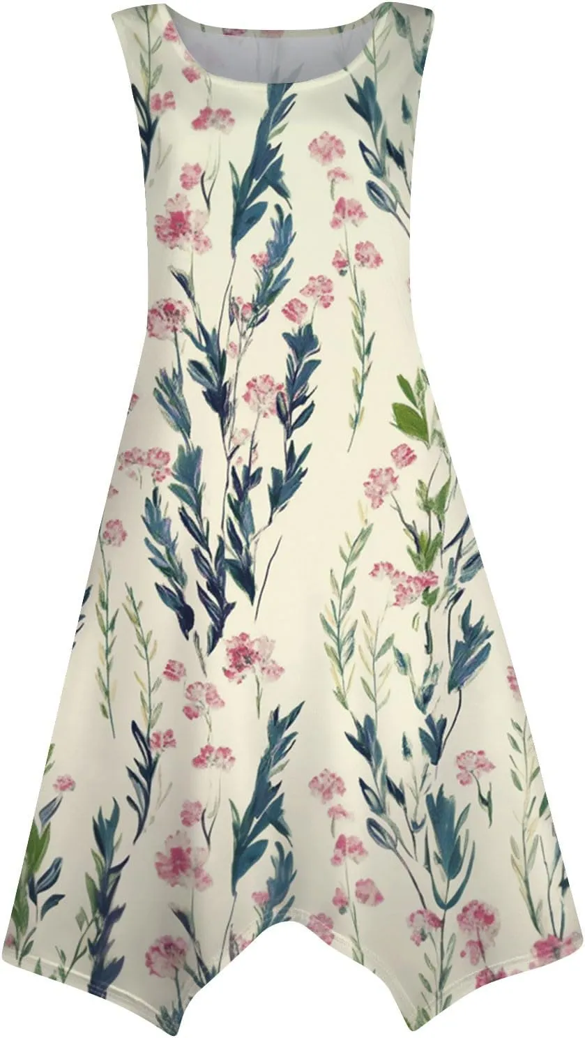 Tank Dress for Women Summer Midi Sleeveless Irregular Hem Midi Dress U-Neck Semi Formal Dresses A Line with Pockets