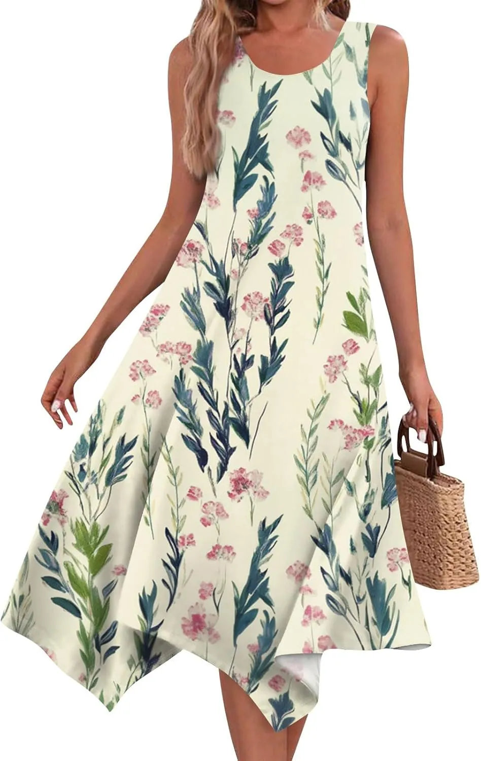 Tank Dress for Women Summer Midi Sleeveless Irregular Hem Midi Dress U-Neck Semi Formal Dresses A Line with Pockets