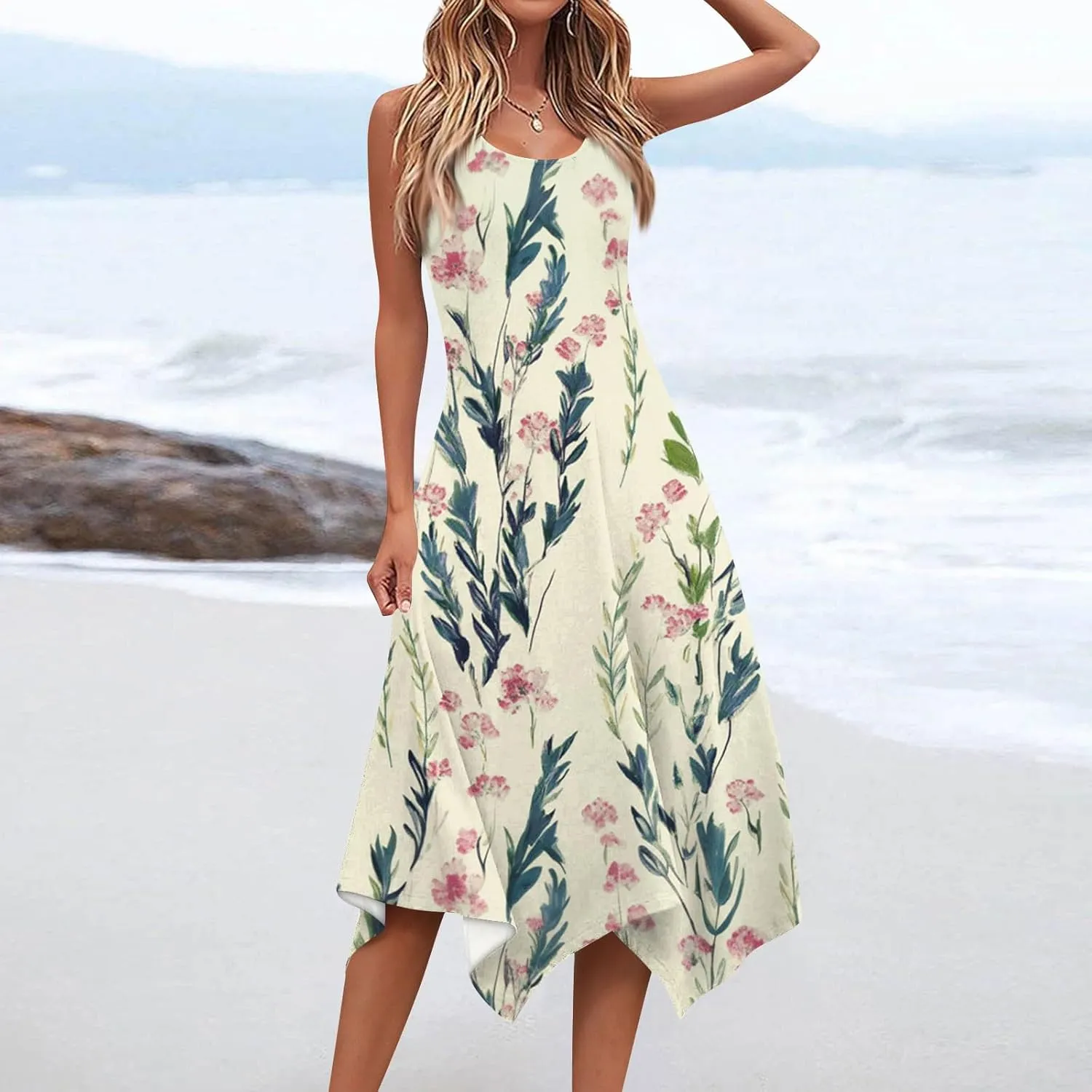 Tank Dress for Women Summer Midi Sleeveless Irregular Hem Midi Dress U-Neck Semi Formal Dresses A Line with Pockets