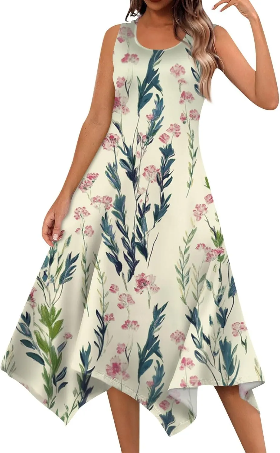 Tank Dress for Women Summer Midi Sleeveless Irregular Hem Midi Dress U-Neck Semi Formal Dresses A Line with Pockets
