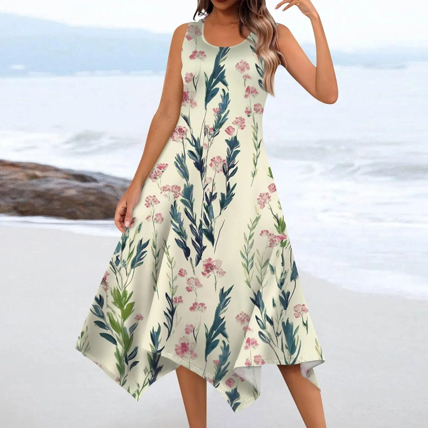 Tank Dress for Women Summer Midi Sleeveless Irregular Hem Midi Dress U-Neck Semi Formal Dresses A Line with Pockets