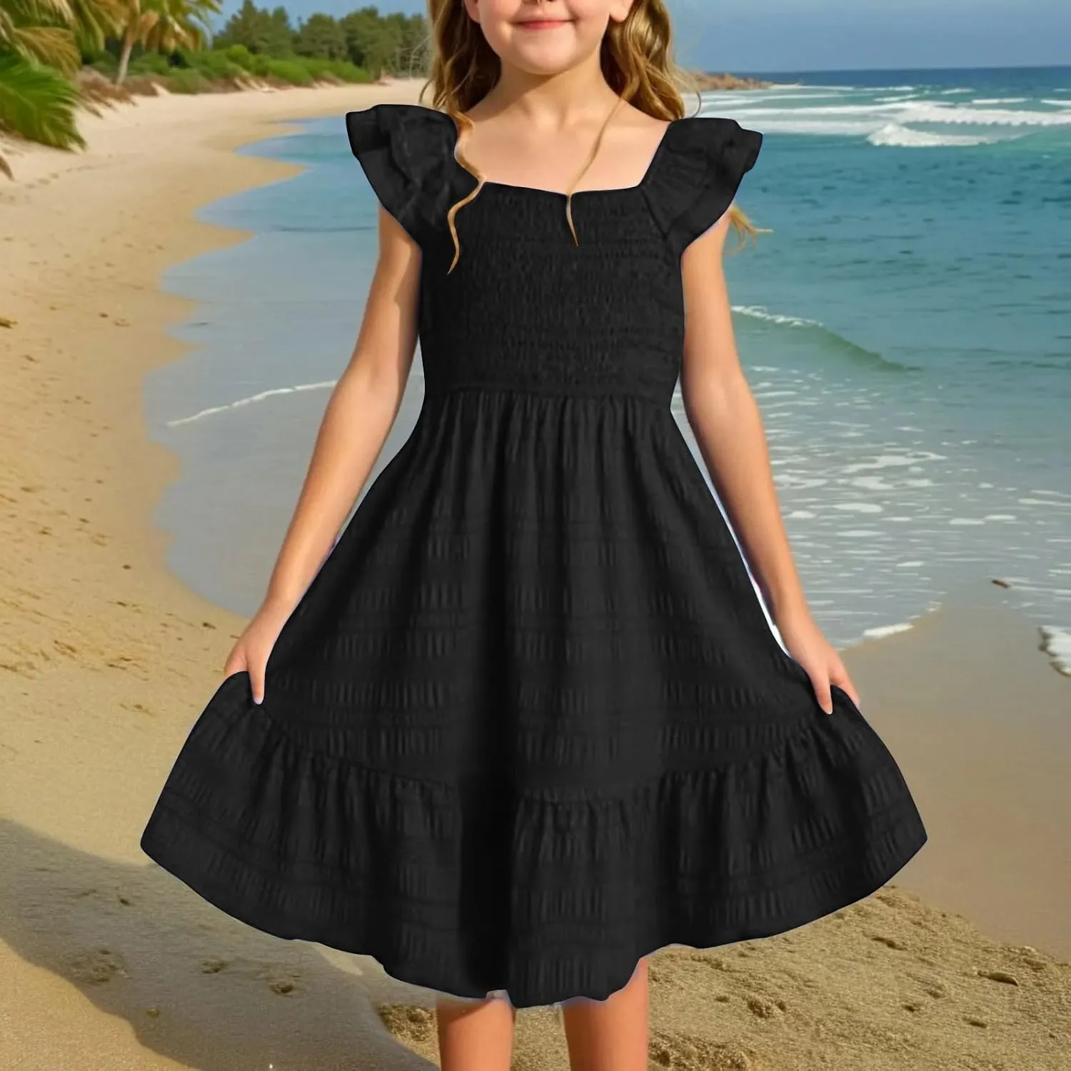 Teen Girls Dress Summer Flutter Sleeve Swing Dresses Summer Smocked Ruffle Mini Skirts Solid Color Tiered Sundress