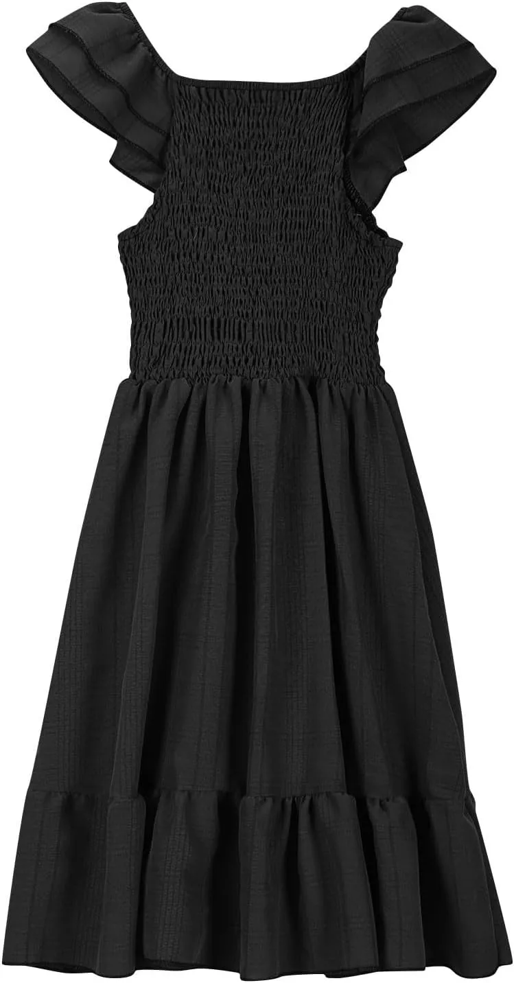 Teen Girls Dress Summer Flutter Sleeve Swing Dresses Summer Smocked Ruffle Mini Skirts Solid Color Tiered Sundress
