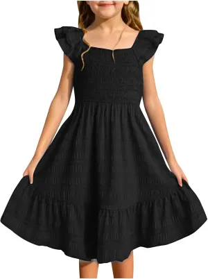 Teen Girls Dress Summer Flutter Sleeve Swing Dresses Summer Smocked Ruffle Mini Skirts Solid Color Tiered Sundress