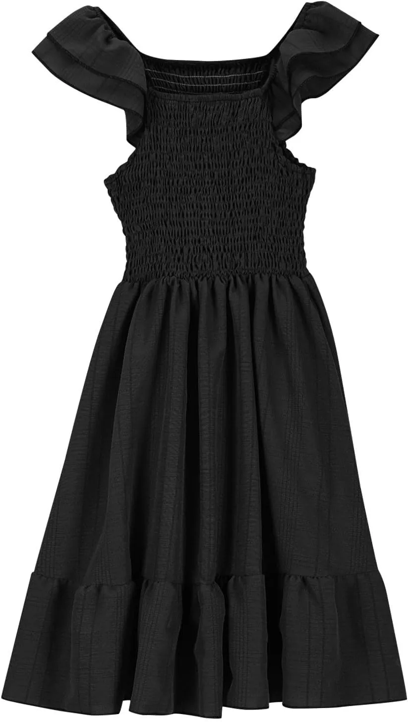 Teen Girls Dress Summer Flutter Sleeve Swing Dresses Summer Smocked Ruffle Mini Skirts Solid Color Tiered Sundress